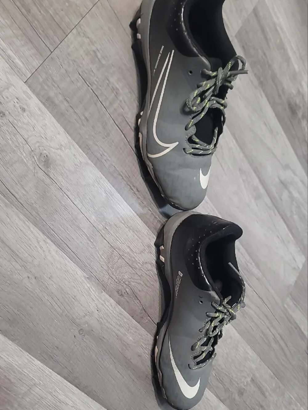 Nike Gray Cleetd with White Swoosh and Lime Laces 5Y